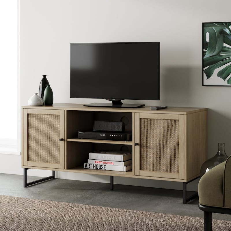 Nathan James Mina Modern TV Stand Entertainment Cabinet Media Console Oak Wood and Black Accents w/ Storage Doors - Oak/Black
