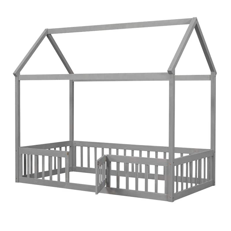 Merax Wood House Bed with Fence and Door