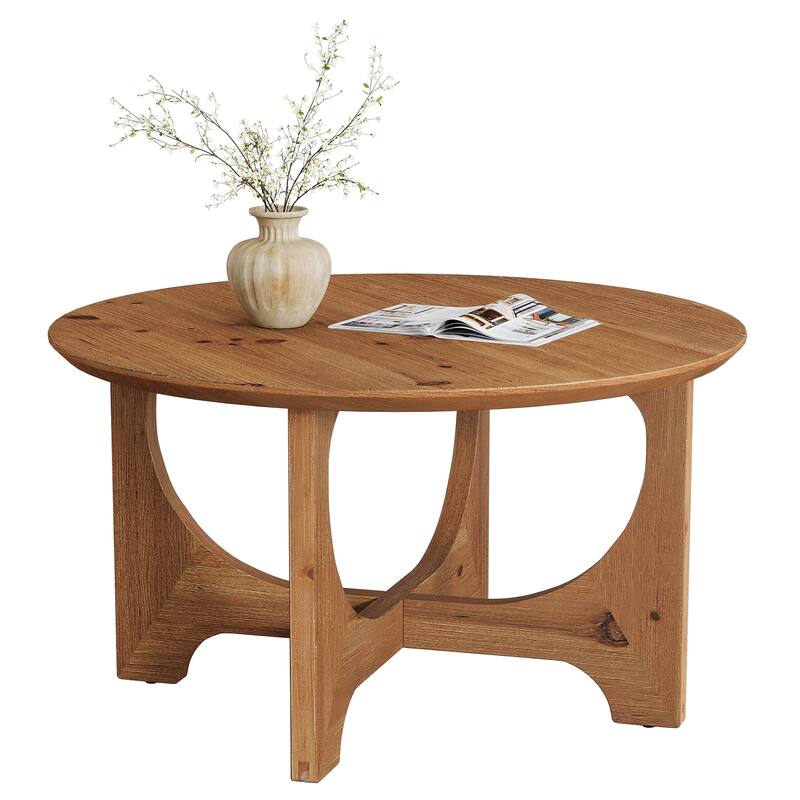 Solid Wood Round Coffee Table, Center Cocktail Accent Table for Living Room