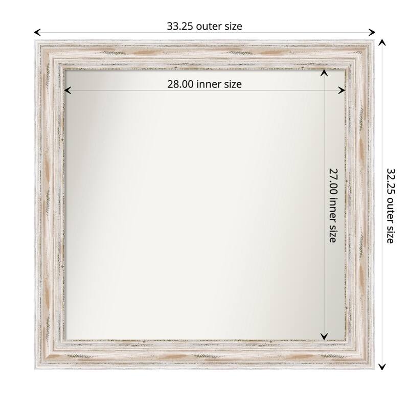 Alexandria White Wash Framed Non-Beveled Custom Wall Mirror, Bathroom Vanity Mirror - Outer Size: 33.25 x 32.25