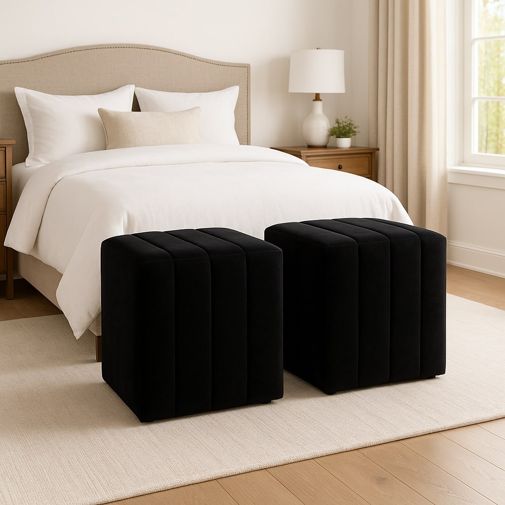 Square Upholstered Ottoman - Compact Pouf Footstool - 19", Black