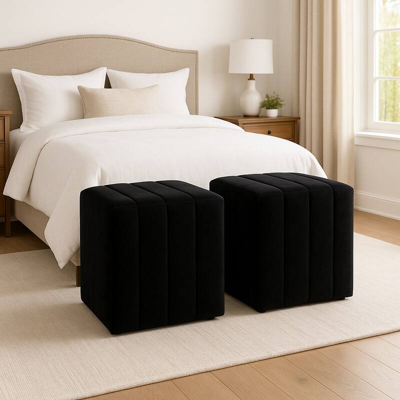 Square Upholstered Ottoman - Compact Pouf Footstool - 19", Black - Black - 19.0"
