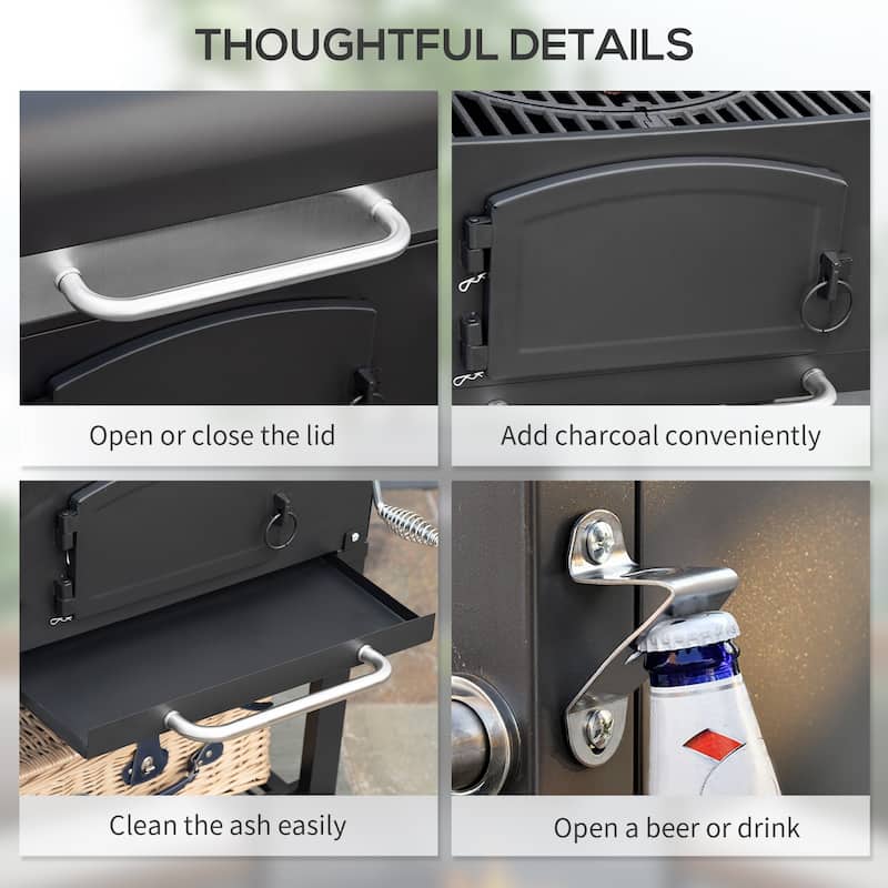 Charcoal Grill, BBQ with Adjustable Height, Portable Barbecue with Folding Shelves, Thermometer, Bottle Opener & Wheels