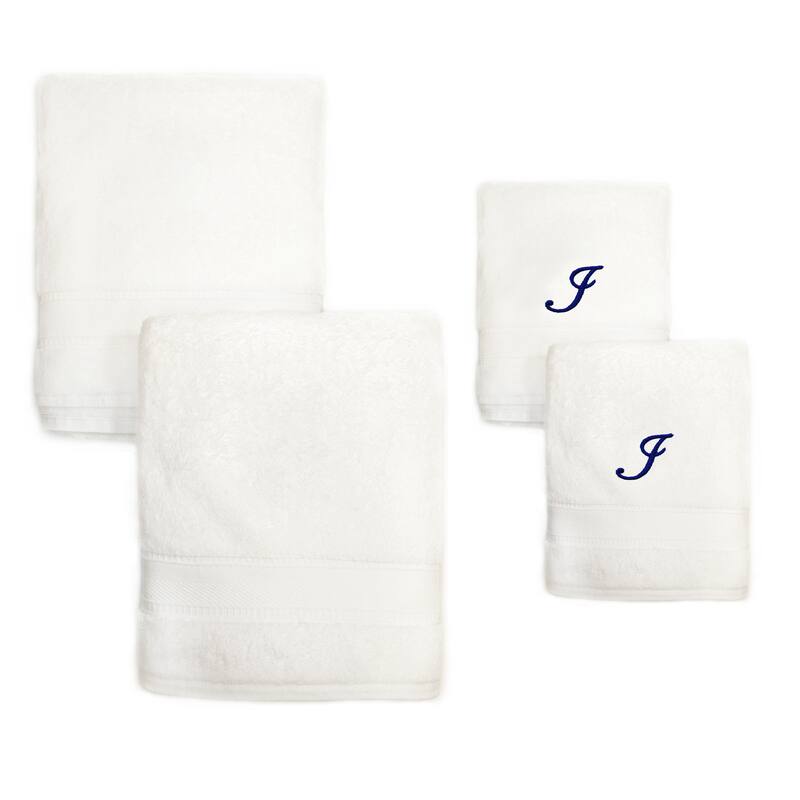 Sweet Kids 2-piece White Turkish Cotton Bath and Hand Towel Set with Royal Blue Monogrammed Initial - I - White