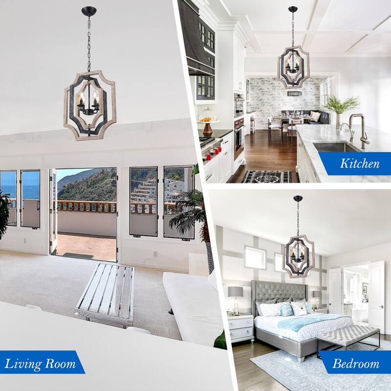 CurveCurio 18" Boho Adjustable Three-Tier Solid Wood Shade Pendant Light w 4 Lights, Austable Hanging Chain Chandelier