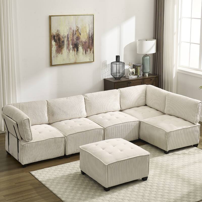121.26" Corduroy Modular Sectional Sofa 6- Seat U Shaped Couch with Reversible Chaise and Ottoman - Beige