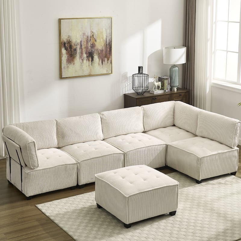 Ergonomic Lounge Modular Couch Corduroy Sectional Sofa with Deep Seat Ottoman Chaise and High-Rebound Thick Cushions