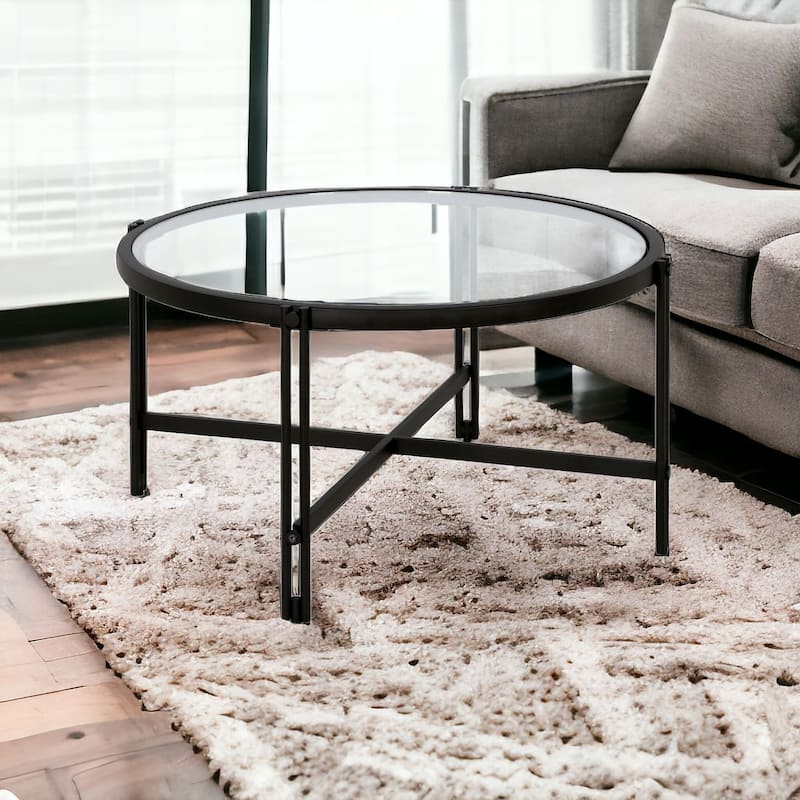 Sturdy 32-Inch Round Coffee Table with Clear Glass Top and Steel Frame Modern Living Room Accent - 32"L x 32"W x 17"H