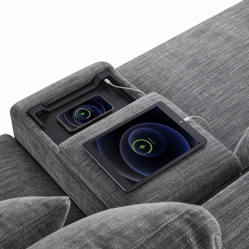 Roomfitters 124'' L-Shaped Sectional Sofa with Storage Console, Charging Station, Modular Couch with Ottoman, Chenille