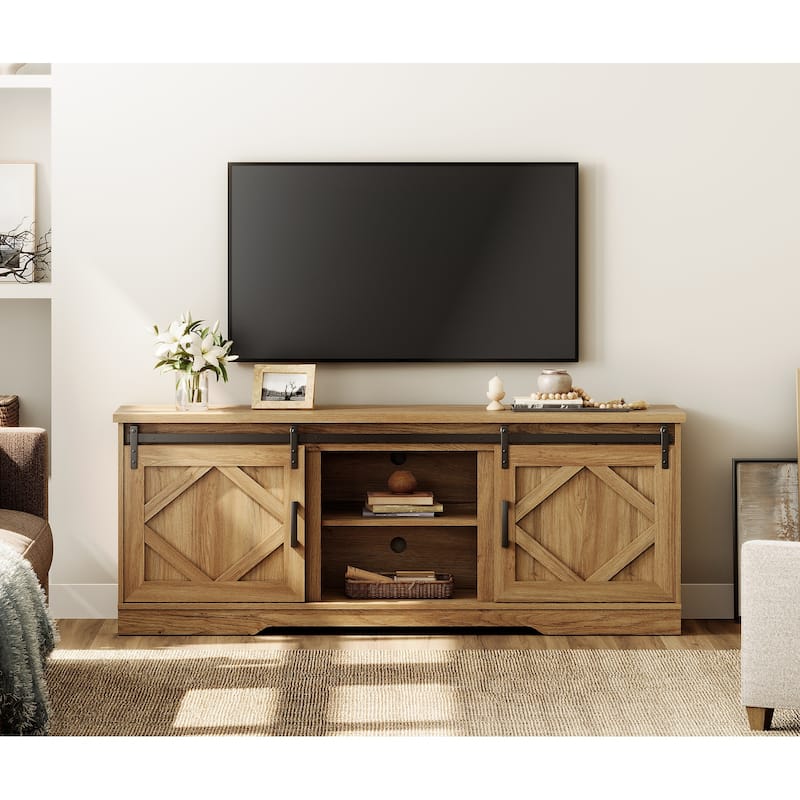 Farmhouse TV Stand Modern Sliding Barn Door Entertainment Center - Vintage Oak - 66.1"