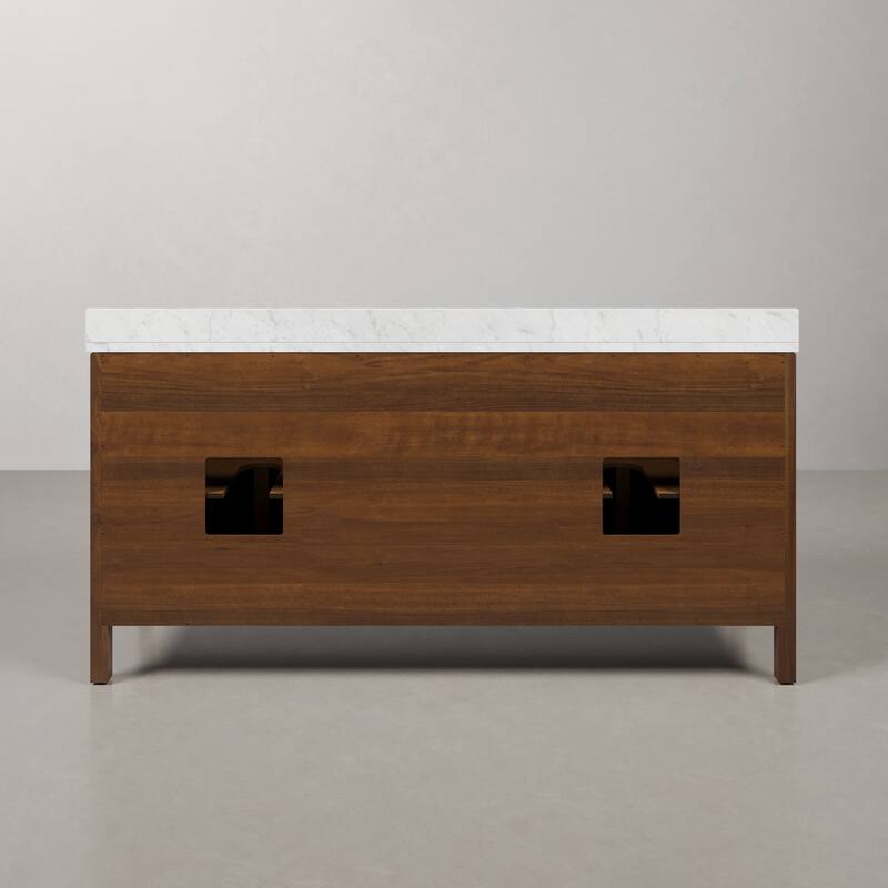 Ferrero 72 in. Double Sinks Carrara White Marble Bath Vanity in Noir Juglans with Satin Gold Hardware