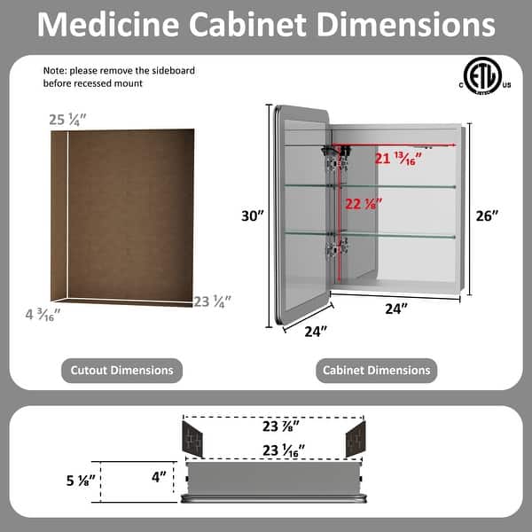dimension image slide 7 of 9, Artemis Aluminum Recessed/Surface Mount Bathroom Medicine Cabinet with Mirror and Lights, Dimmable, Anti-Fog, Adjustable Shelf