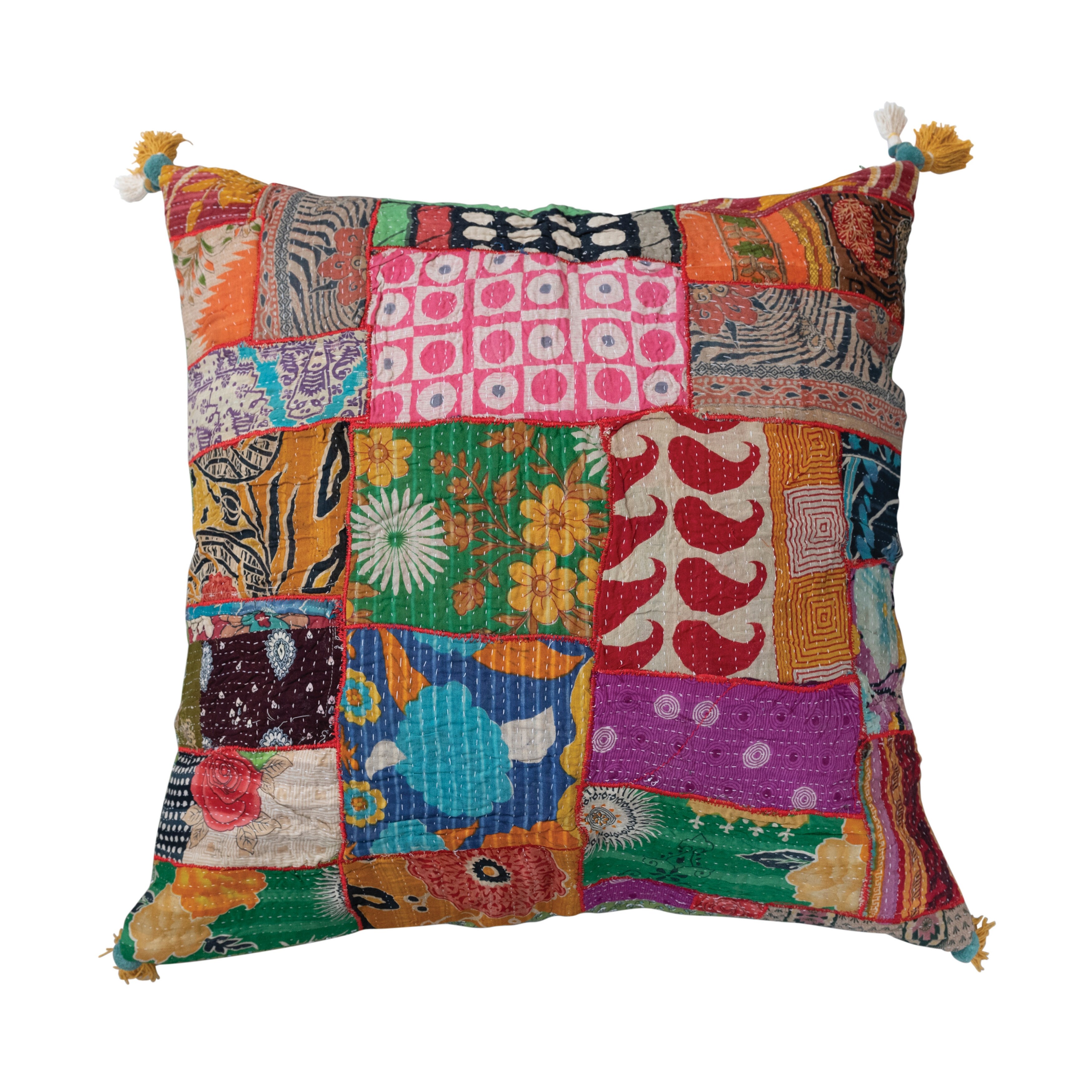 Cotton Kantha Patchwork Throw Pillow with Tassels Bed Bath