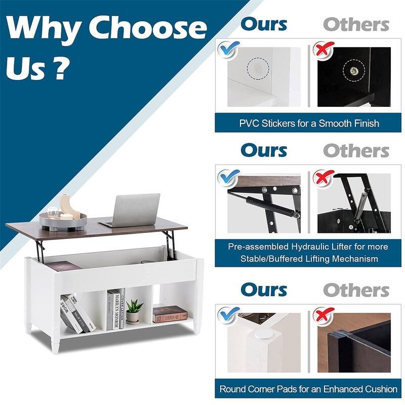 Lift Top Coffee Table with Hidden Compartment - 19.5"D x 40"W x 19.3"H