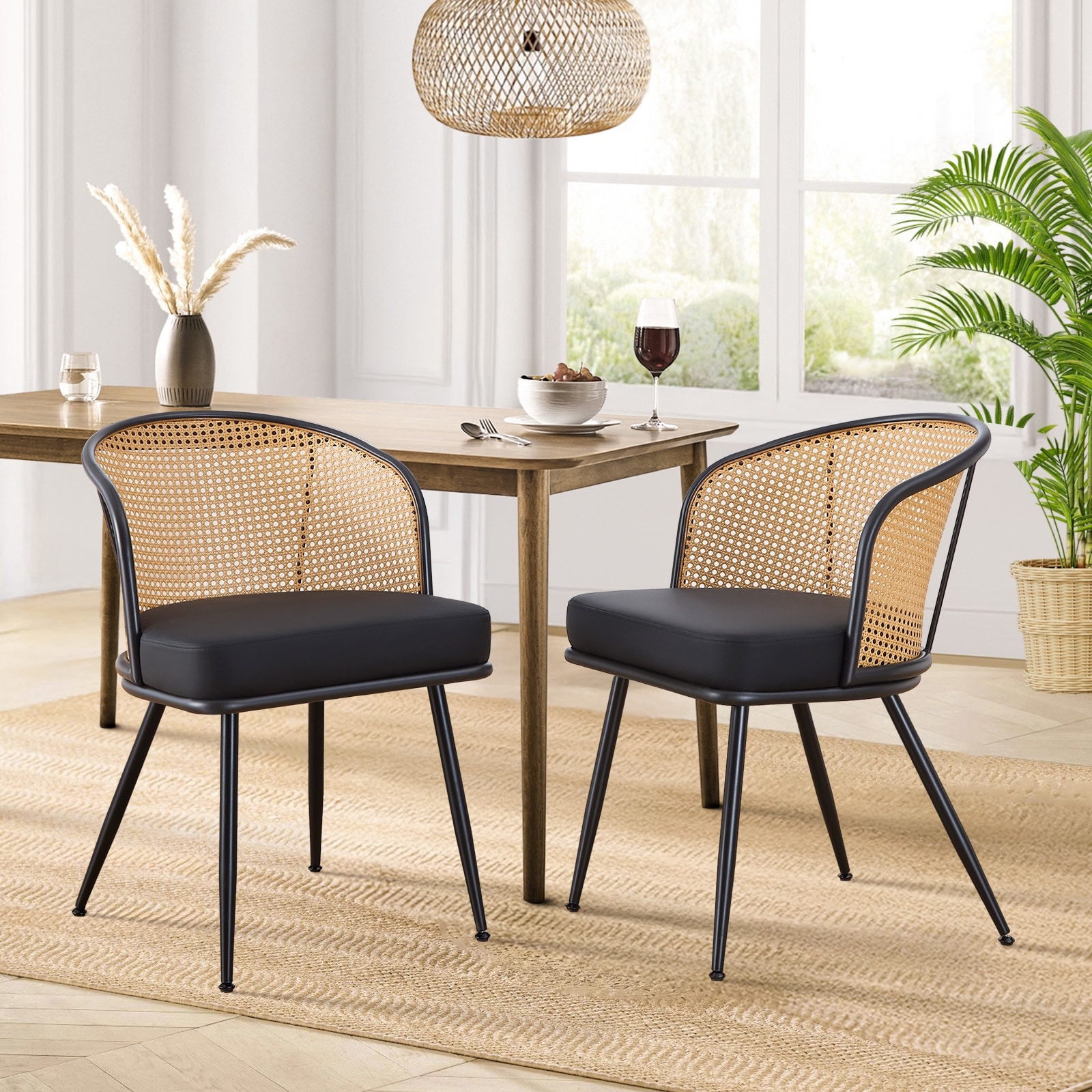 Upholstered Rattan Dining Chairs with Metal Legs (Set of 2 or 4) - 29.92"H x 20.5"W x 23.03"D