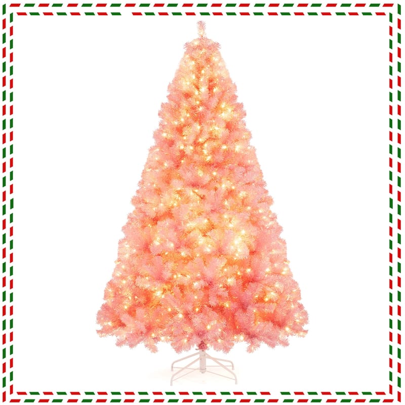 Costway 6.5 FT/7.5 FT Artificial Xmas Tree with 250/550 White LED - Pink-7.5 FT - 7.5 Foot