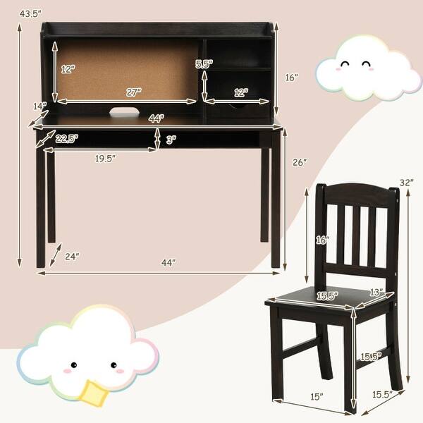 dimension image slide 0 of 3, Kids Desk and Chair Set Study Writing Desk with Hutch and Bookshelves - 44" x 24" x 43.5" (L x W x H)