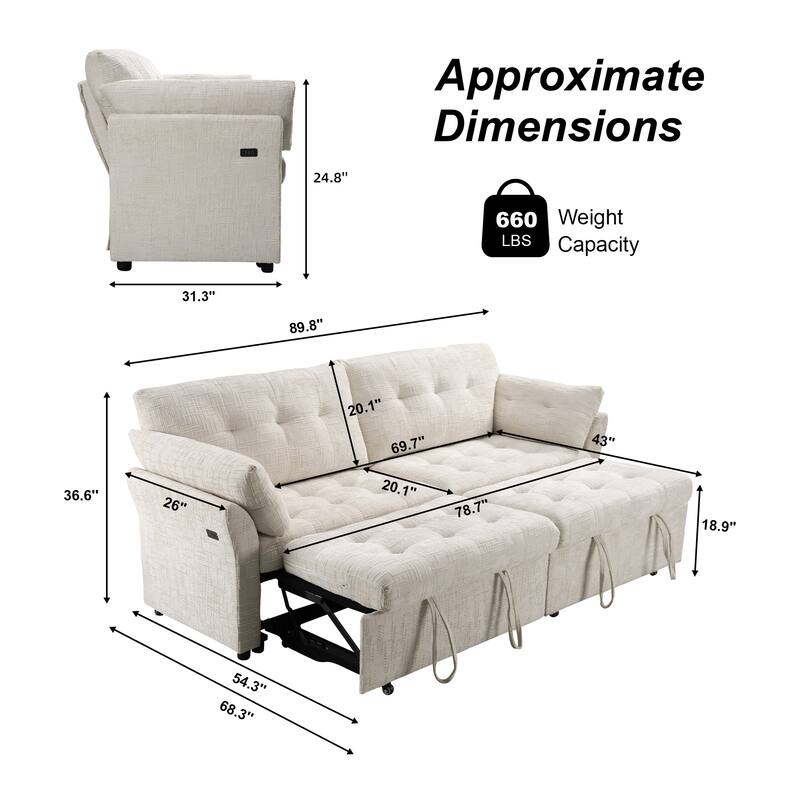 3-Seat Sofa Bed – Pull-Out Sleeper, 89" Sectional Sofa in Beige/Blue/Green