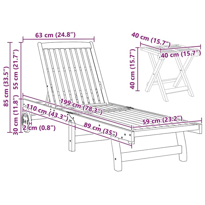 vidaXL Patio Lounge Chair Outdoor Sunbed Poolside Sunlounger Solid Wood Acacia - 78.3" x 23.2"/24.8" x 11.8"/24.4"/29.9"/33.5"