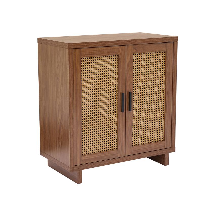 Wood Accent Cabinet Sideboard Buffet with Rattan Doors