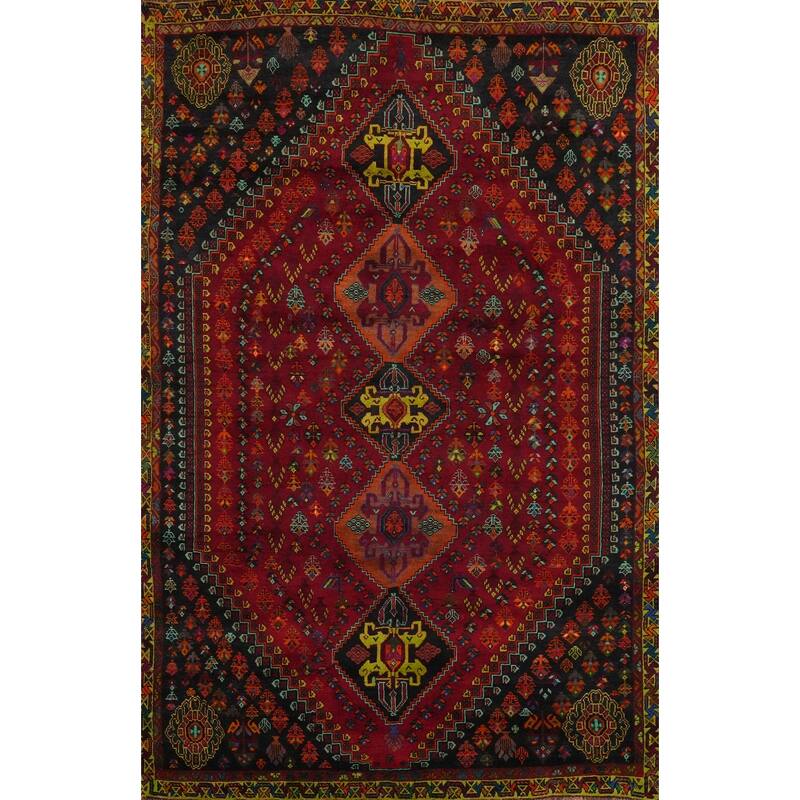 Hand Knotted Oriental 100% Wool Carpet Traditional Tribal Red Shiraz Area Rug - 8' 3'' X 5' 4''