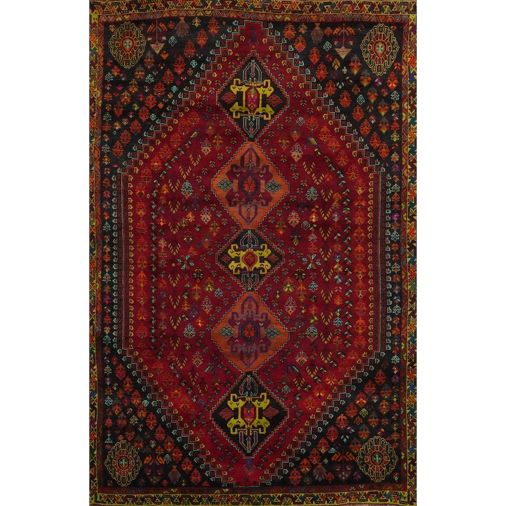 Hand Knotted Oriental 100% Wool Carpet Traditional Tribal Red Shiraz Area Rug - 8' 3'' X 5' 4''