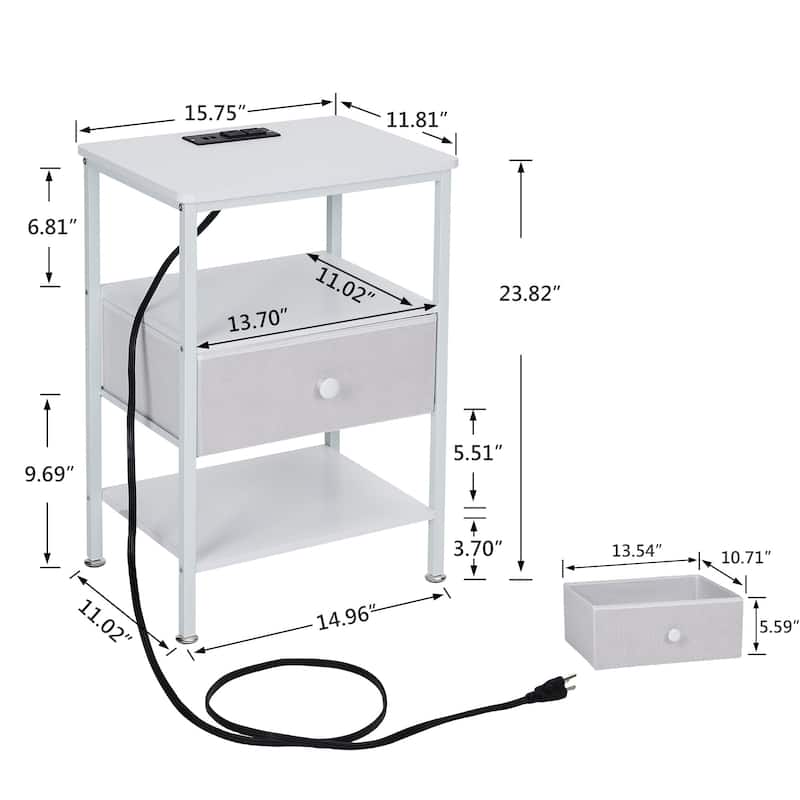 VECELO Nightstand Set with Charging Station 2 AC Outlets & 2 USB Ports 24-Inch High nightstand with Fabric Drawer 2 Open Shelves