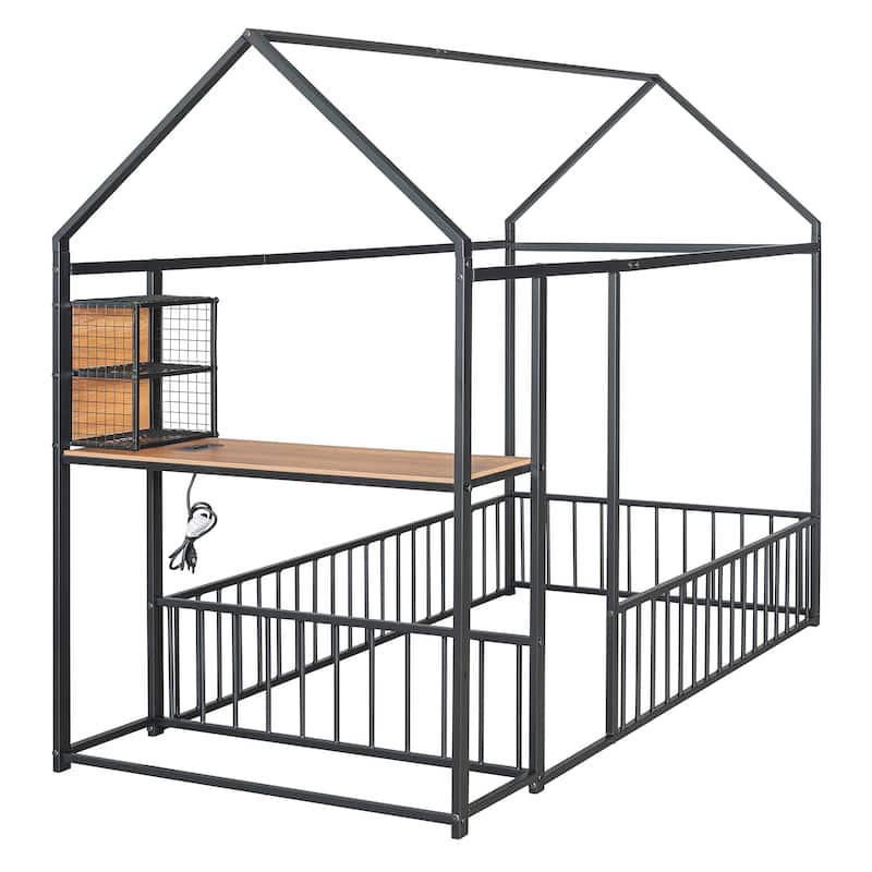 Metal House Bed Frame, Kids Montessori Bed Floor Bed with Side Desk, Power Outlets and USB Ports