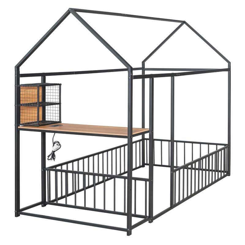 Twin Size Metal House Platform Bed Frame with Built-In Desk, USB Charging And Storage Shelves