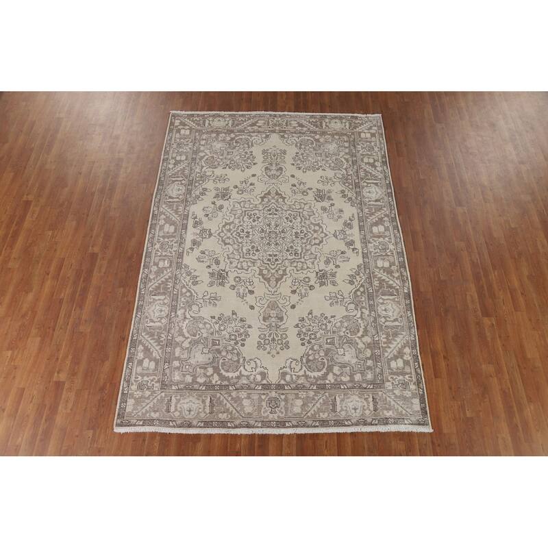 Distressed Tabriz Vintage Persian Rug Hand-Knotted Blue Wool Carpet - 6'7" x 9'6"