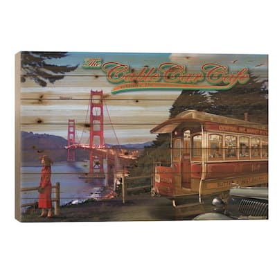 Cable Car Cafe Print On Wood by Larry Grossman - Multi-Color