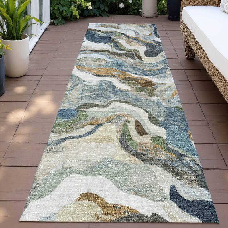 Machine Washable Indoor/Outdoor Modern Brushstrokes Chantille Rug - Denim - 2'3" x 7'6"