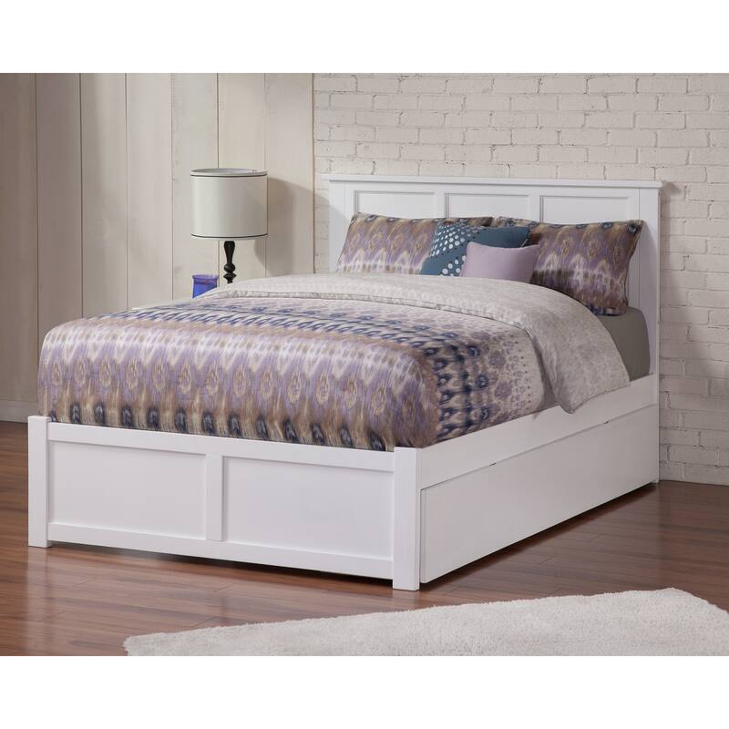 Twin Trundle Bed - Full Size Platform Bed with Footboard - White Finish - Traditional Style