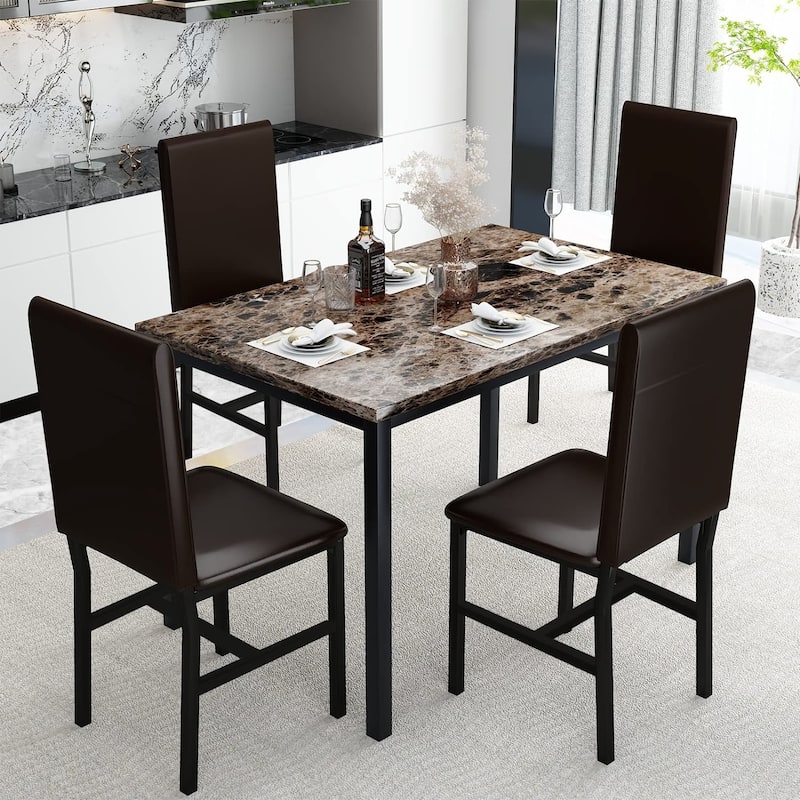 5 - Piece Dining Set, Faux Marble Kitchen Table & Chair Set, 4 Espresso Faux Leather Metal Frame Chairs for Home, Breakfast Nook