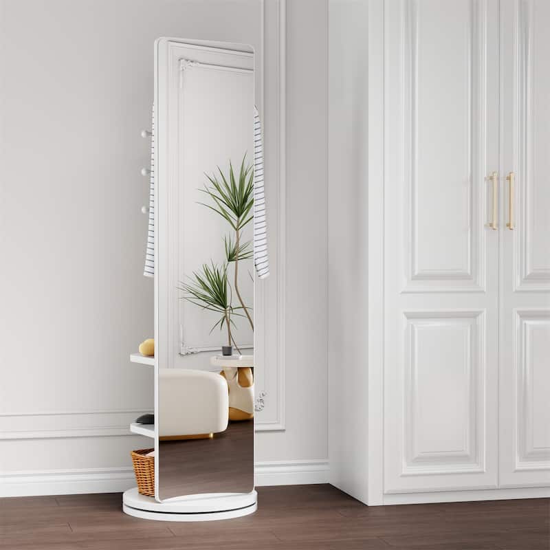 360 Rotating Multifunctional Full Length Mirror with Hook Storage Rack Coat Rack
