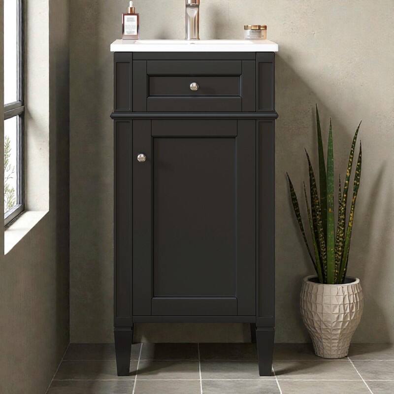 16" Bathroom Vanity with Ceramic Sink, Soft-Close Door & Adjustable Shelf - Black