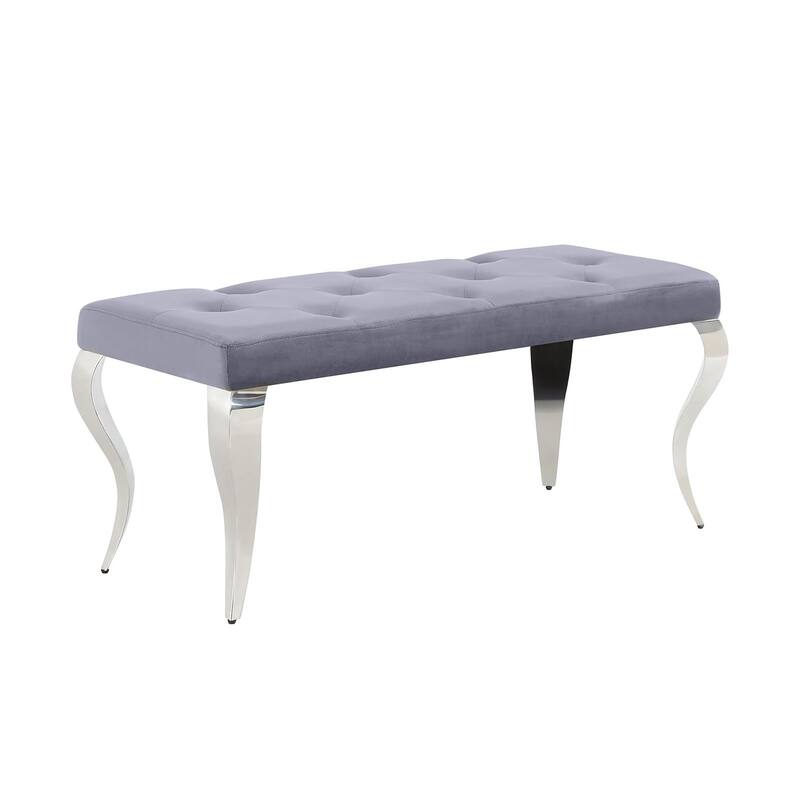 Luxury Velvet Bench Button Tufted Upholstered Dining Bench with Polished Metal Legs - Grey