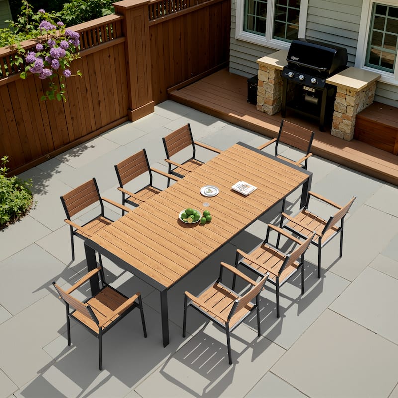 9-PCOutdoor Patio Dining Set WoodLike Table Top Aluminum Rectangular Umbrella Hole Table with Stackable Armrest Dining Chairs - Brown