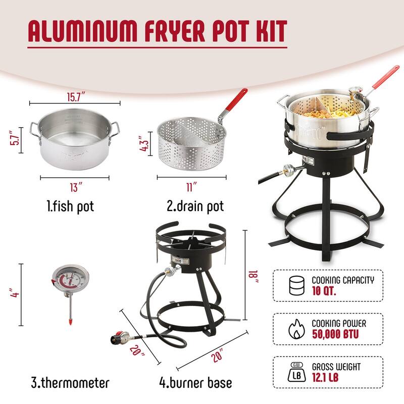 FEASTO 10 Qt Aluminum Outdoor Propane Gas Fryer Pot Kit with Strainer Basket, 50,000 BTU Burner, Perfect for Boiling and Frying
