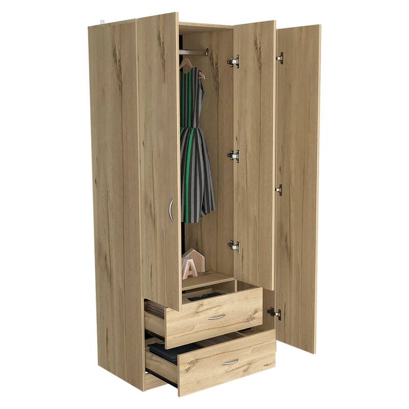 18.5" Modern Three-door Armoire with Hanging Rod, Two Bottom Drawers and Four Interior Shelves