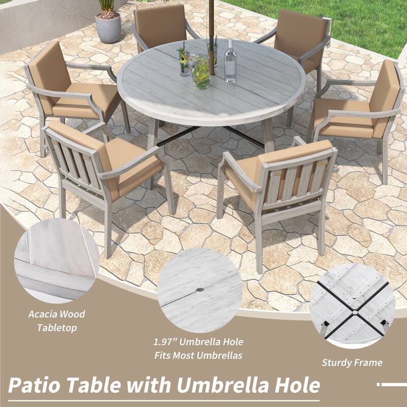 6-Person Outdoor Dining Set Wooden Umbrella Hole Removable Cushions Antique Gray