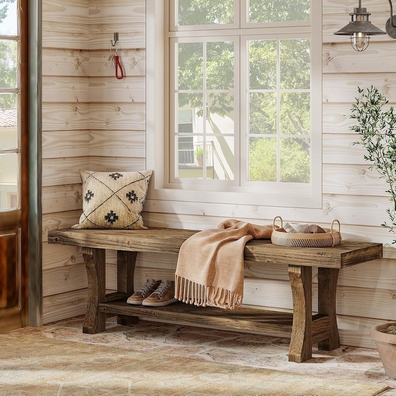 55 Inch Solid Wood Entryway Bench with Shoe Storage, 2-Tier End of Bed Bench Foyer Dining Bench - 55.1" W x 13.8" D x 17.7" H