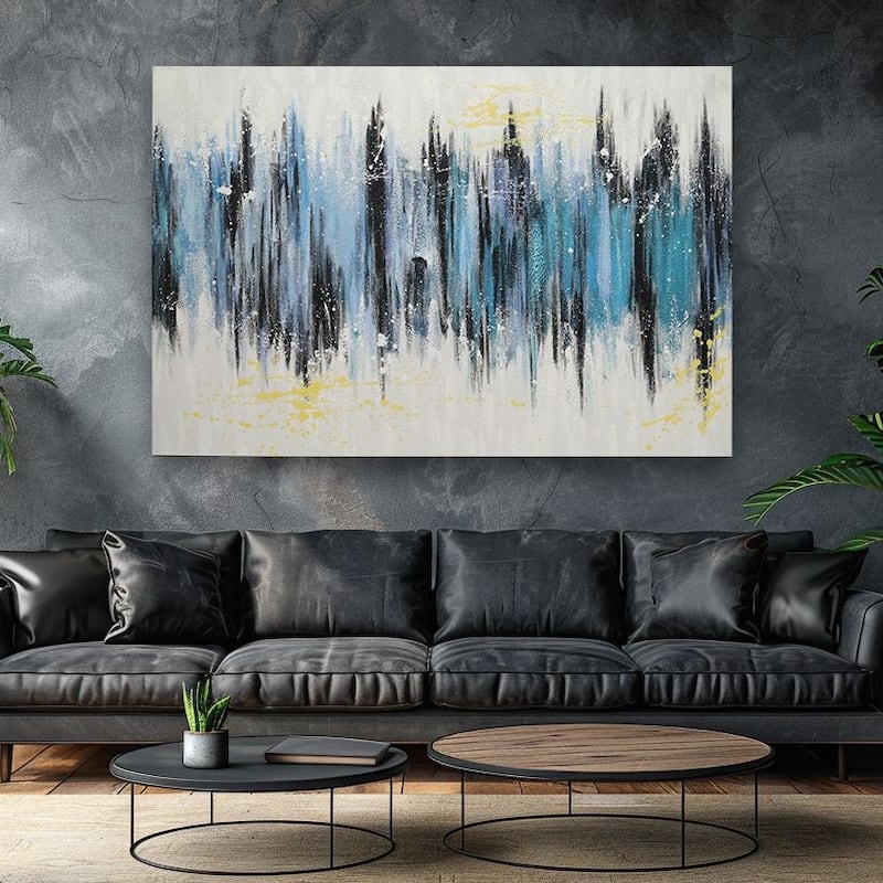 Blue Neutral Cascade Hand Painted Abstract Textured Oil Canvas Wall Art 47" X 31"