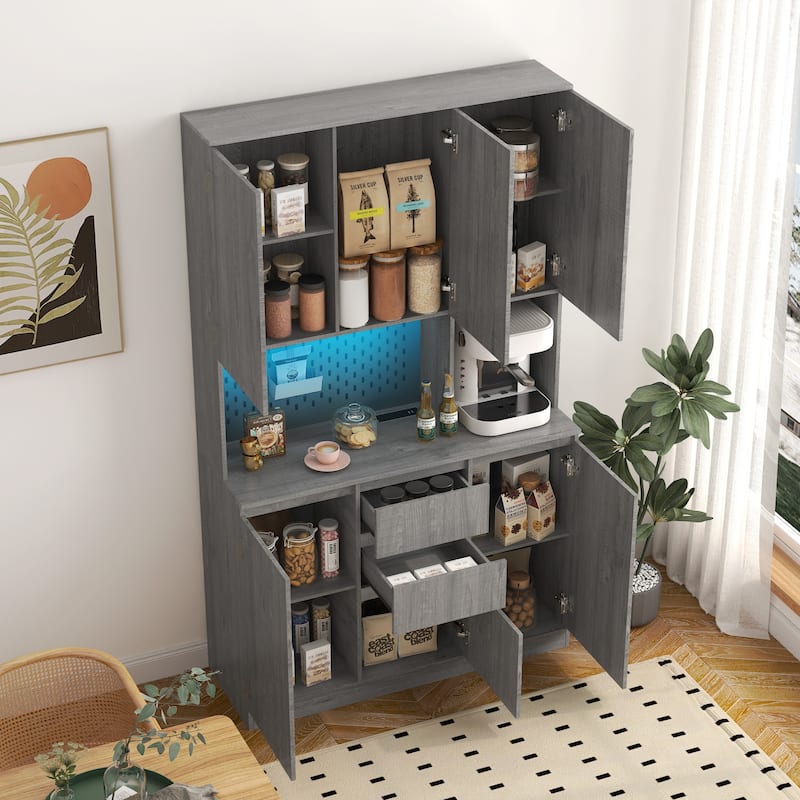 Freestanding Buffet Cupboard with Charging Station, LED Lights and Microwave Stand
