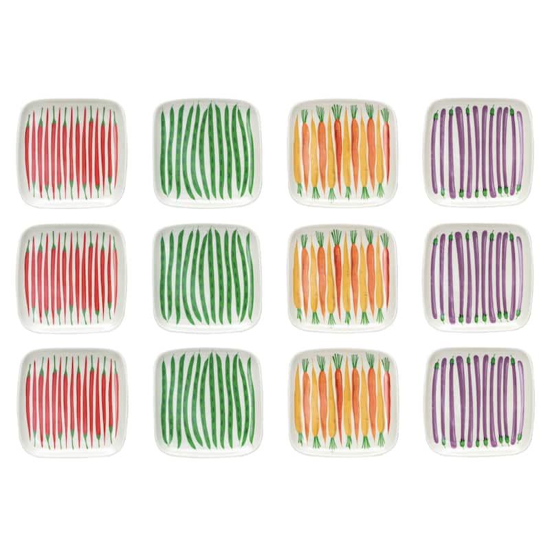 Stoneware Plate with 4 Vegetable Styles - 5.9"L x 5.8"W x 0.8"H - 12 Piece - Multi - 5.9"L x 5.8"W x 0.8"H