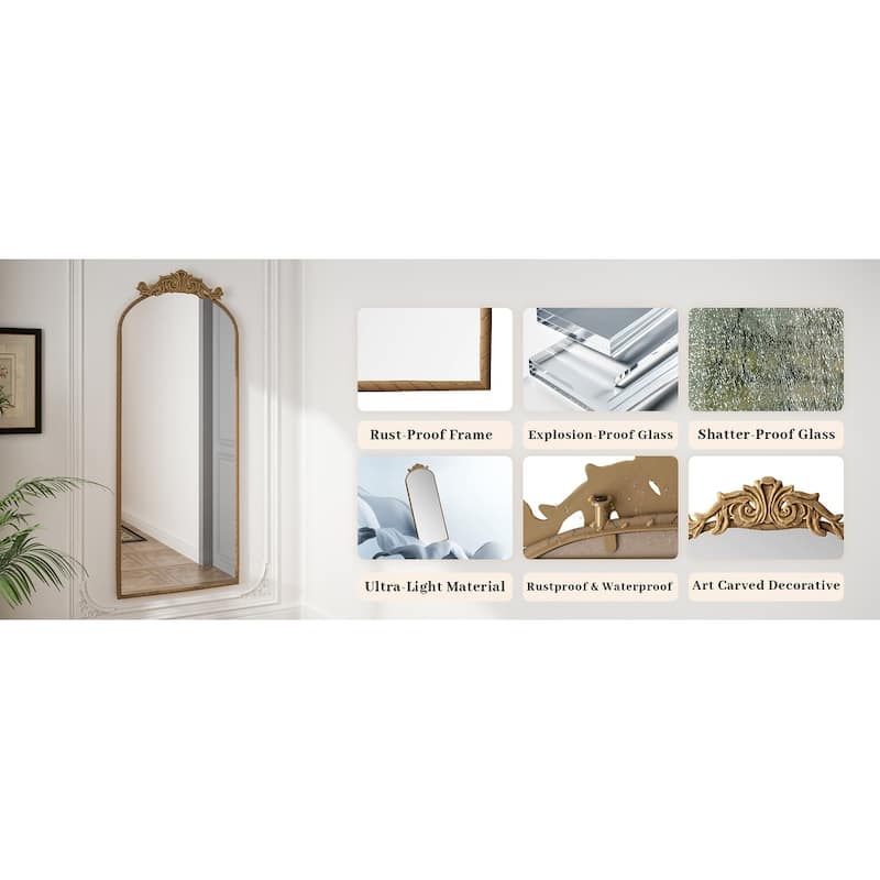 58"x24" Arched Full Body Hanging Wall Mounted Mirror with Vintage Ornate Carved Applique on Top