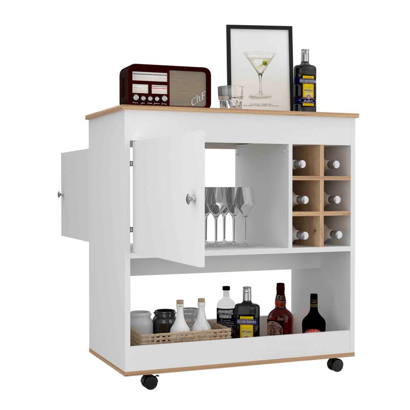Anmytek Multifunctional Wine Storage Cabinet 6 Bottle Cubbies 1 Cabinet Lower Panel Light Oak and White
