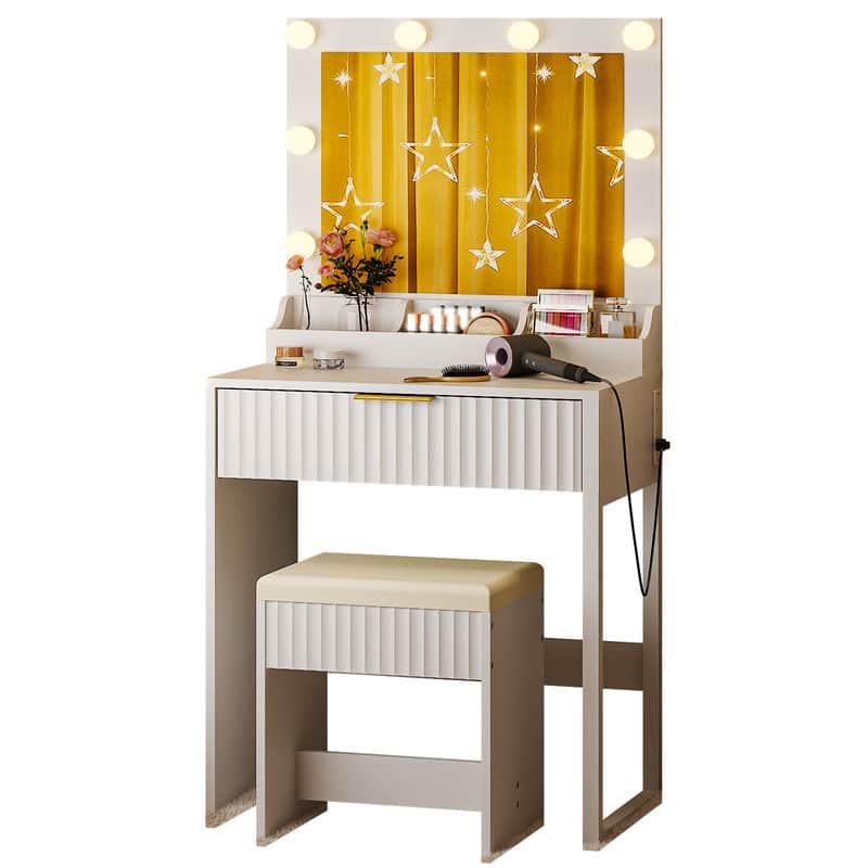 Particle Board Veneered with Textured Melamine, 1-drawer 3-compartment Dressing Table Set with 8 Three-color Dimmable Bulbs - White