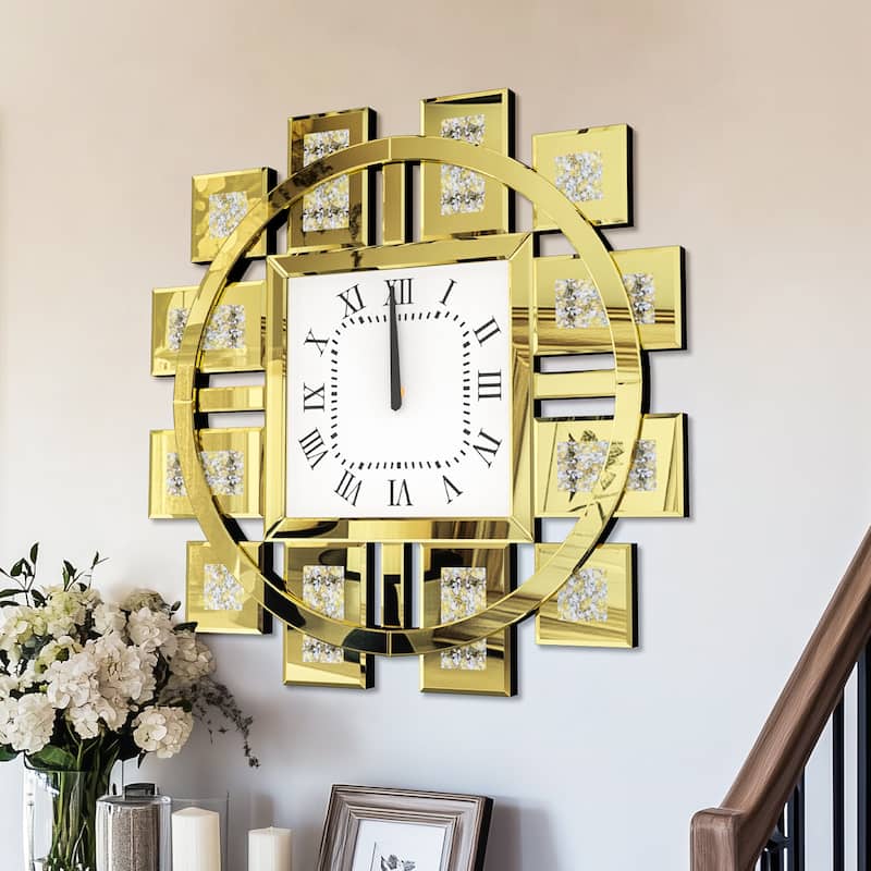 Large Wall Clock Crystal Twinkle Crush Diamond Mirrored - 24" x 24" - Gold