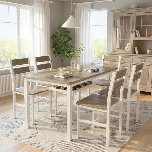 Grondin Modern Farmhouse Style 5-Piece Dining Room Table and Chairs Set, Small Kitchen Table Set with 4 Chairs and Storage Rack - Weathered Gray/White